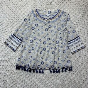 J Jill Top Blouse XS Beige Blue‎ Geometric Embroidered Tasseled Hem Casual